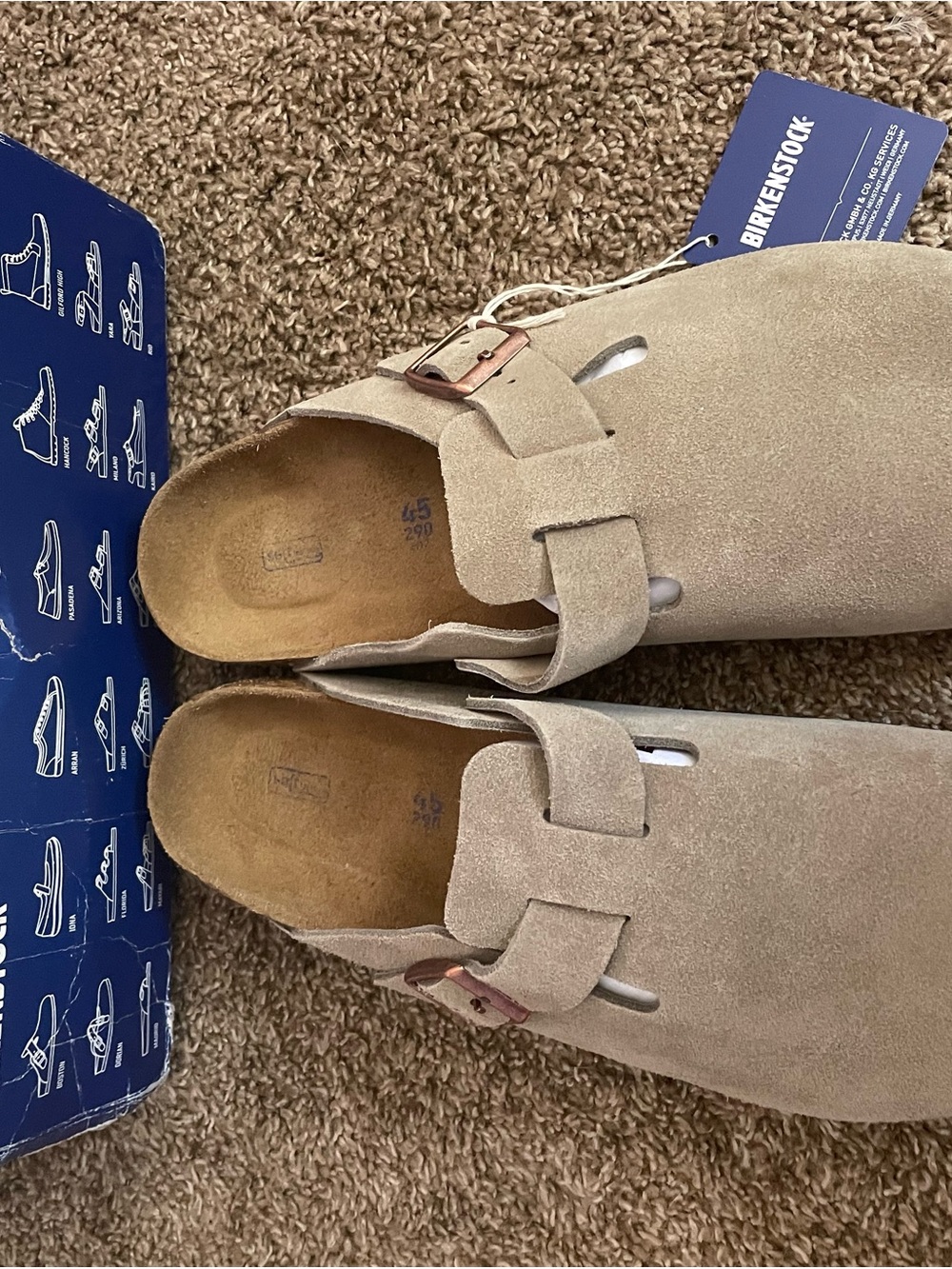 Birkenstock Men’s Suede Boston Clogs in Taupe size 45
